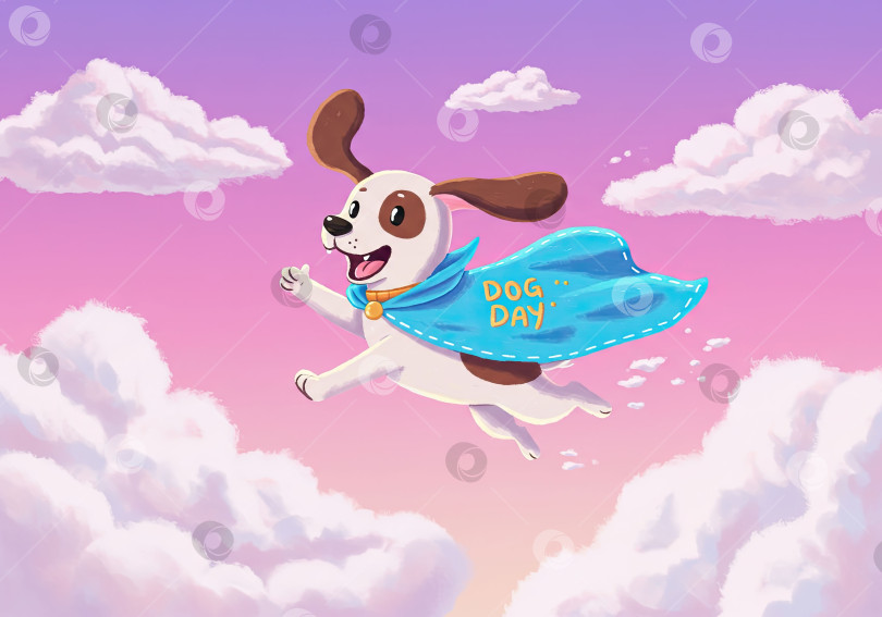 Скачать Симпатичная летающая собачка в синем плаще с надписью "День собаки". фотосток Ozero