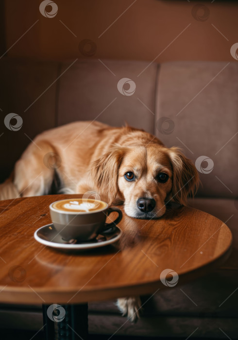 Скачать Золотистая собака с карими глазами лежит на диване рядом с чашкой кофе с латте-артом на деревянном столе, фотосток Ozero