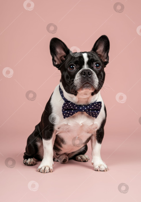 Скачать Изображение бостонского терьера в полный рост с галстуком-бабочкой в горошек. Концепция дня собаки фотосток Ozero