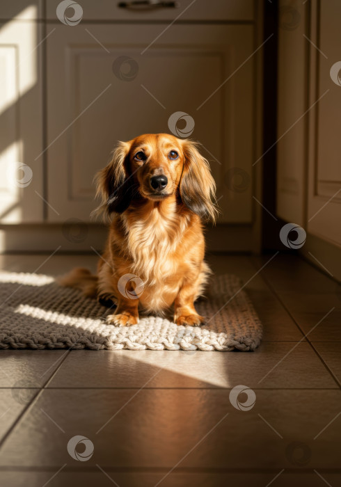 Скачать Длинношерстная такса, сидящая на коврике в лучах солнечного света. Портрет питомца. Уютная домашняя жизнь фотосток Ozero