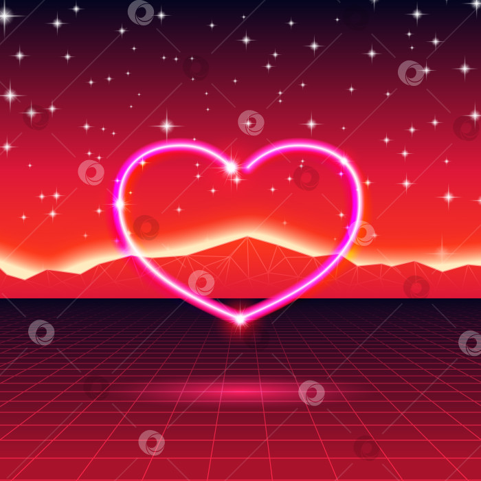 Скачать ретро-футуристическая открытка в стиле 80-х годов с неоновым сердечком в компьютерном мире фотосток Ozero