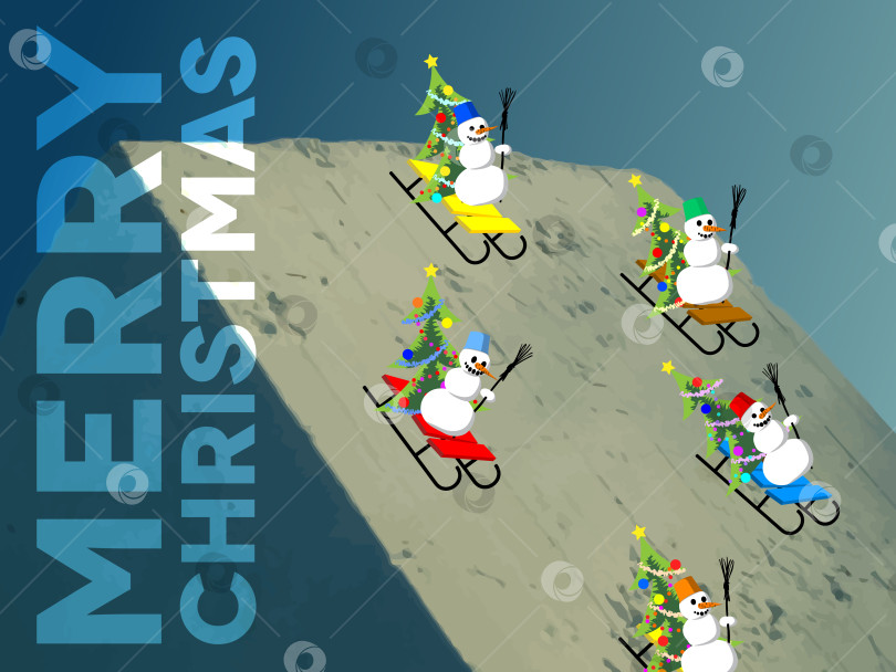 Скачать Снеговики катаются с холма на коньках фотосток Ozero