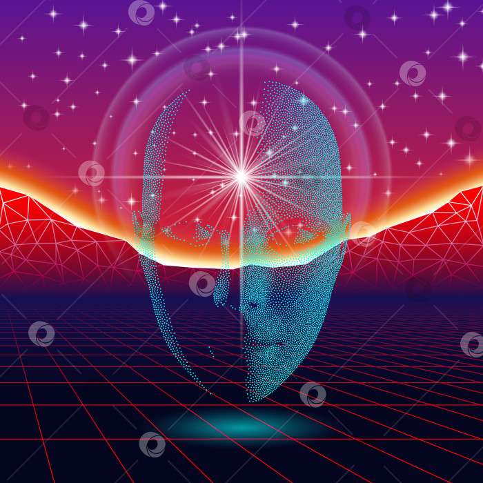 Скачать Силуэт блестящей головы в стиле ретро-волны на фоне неонового пейзажа фотосток Ozero