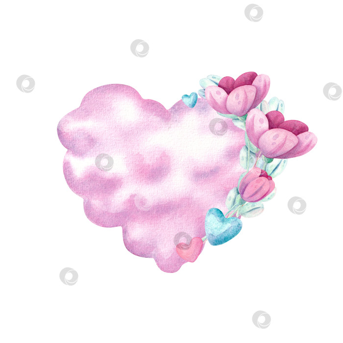 Скачать Розовое облачко-сердечко с цветами и сердечками в пастельных тонах. Рисованная акварельная иллюстрация на белом фоне для оформления праздничных открыток. фотосток Ozero