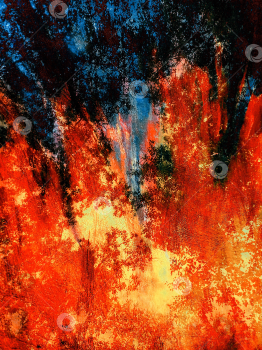 Скачать Лес в пламени заката. Абстрактный пейзаж. Современное искусство в смешанной технике. фотосток Ozero
