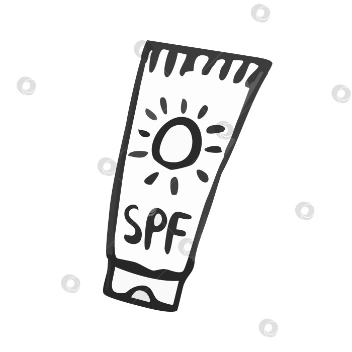 Скачать Тюбик солнцезащитного крема SPF. Черновой набросок в черно-белых тонах. Нарисовано от руки тушью. Крем для загара фотосток Ozero