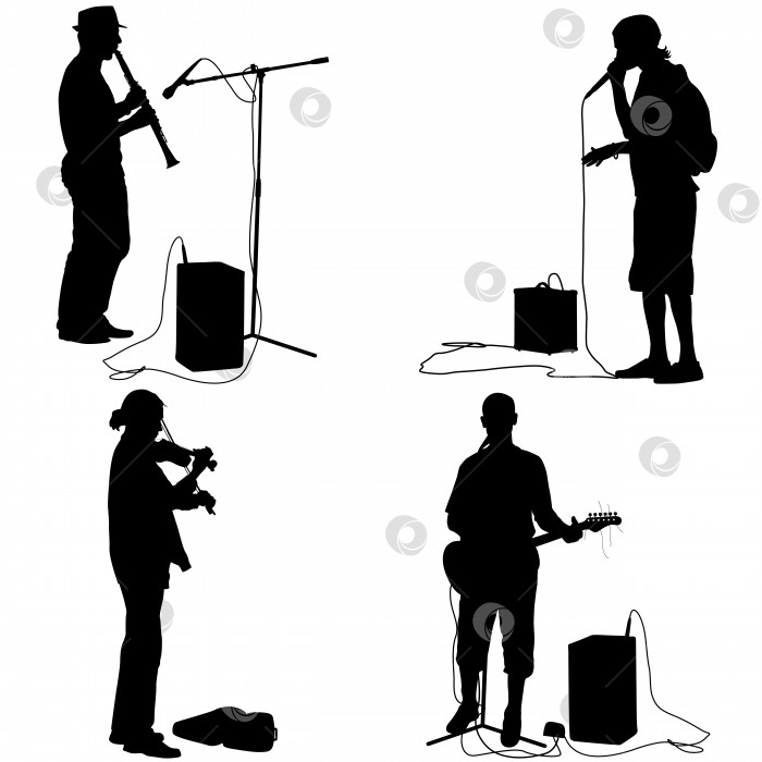 Скачать Множество силуэтов музыкантов, играющих на музыкальных инструментах. Векторная иллюстрация. фотосток Ozero