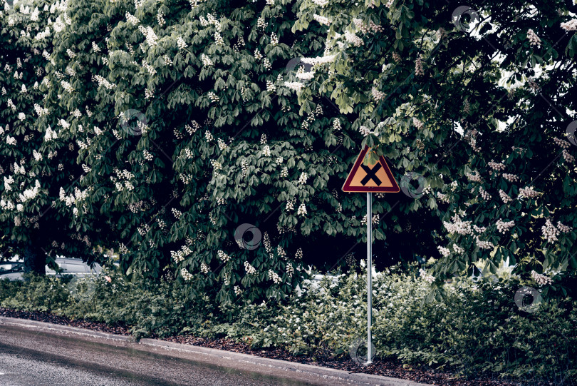 Скачать Дорожный знак вывеска черный крест в желтом треугольнике в Финляндии road way шоссе фотосток Ozero