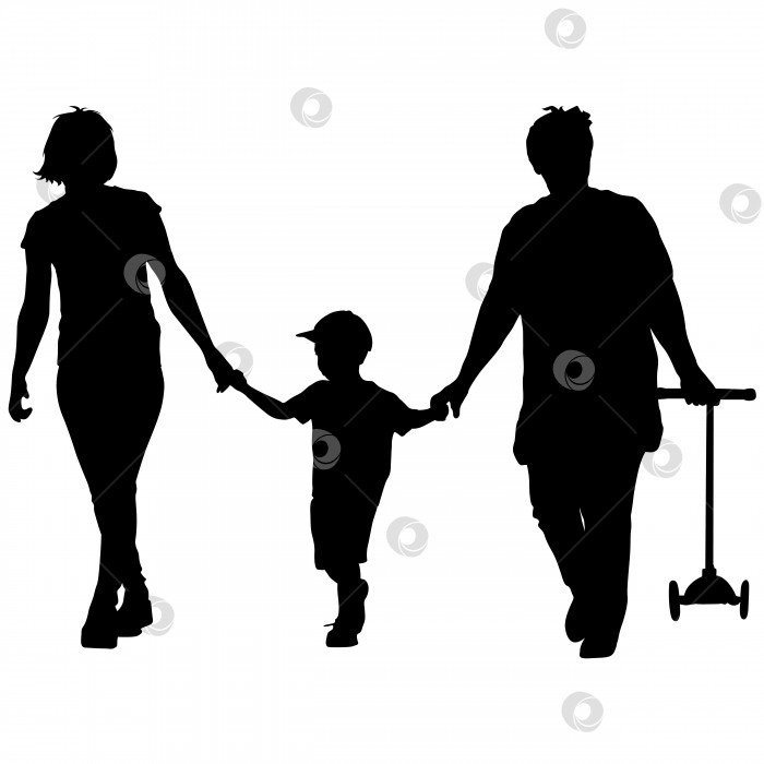 Скачать Черный силуэт матери, бабушки и внука, прогуливающихся со скутером в руках. Векторная иллюстрация фотосток Ozero