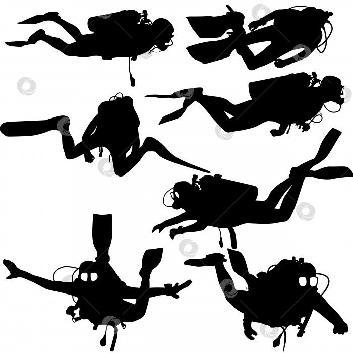 Скачать Набор черных силуэтов аквалангистов. Векторная иллюстрация. фотосток Ozero