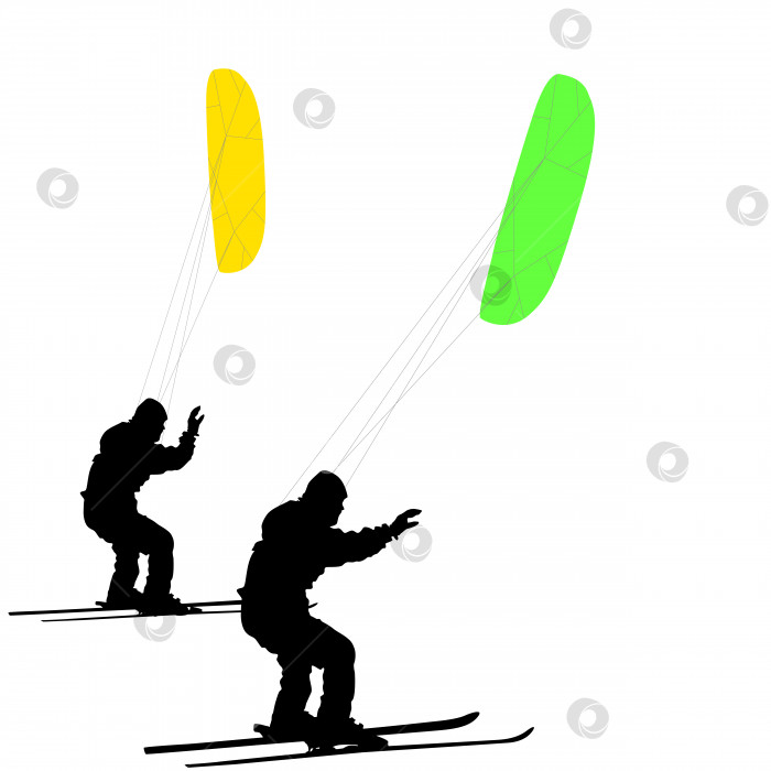 Скачать Мужчины катаются на лыжах и кайтинге по замерзшему озеру.  Векторная иллюстрация. фотосток Ozero