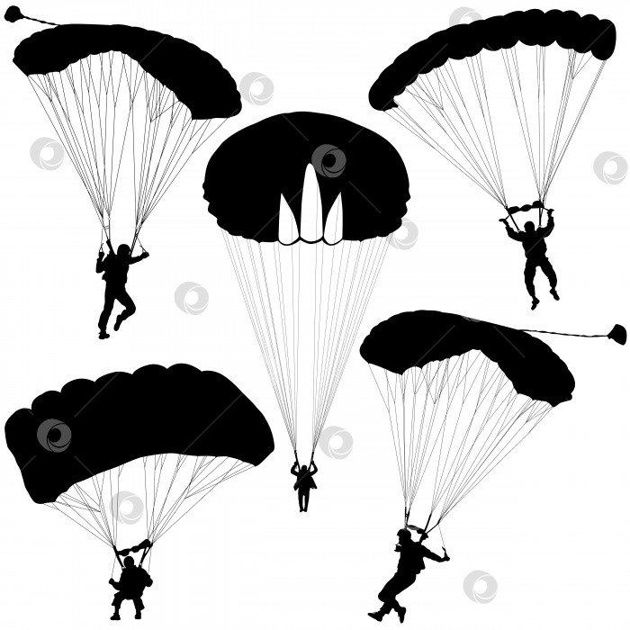 Скачать Набор парашютистов, силуэты, прыгающие с парашютом векторная иллюстрация фотосток Ozero