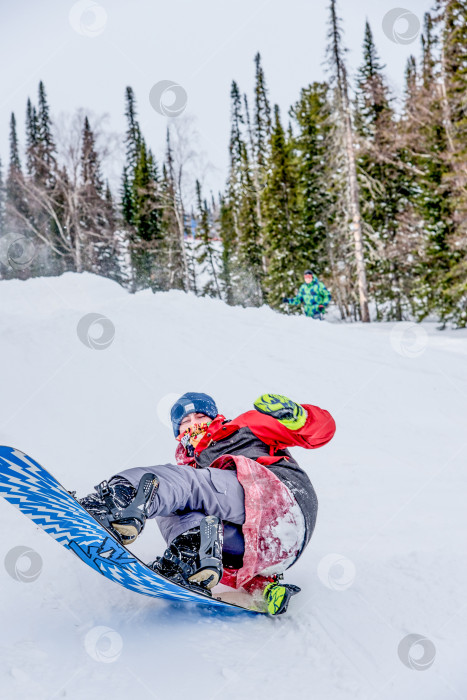 Скачать Шерегеш, Россия, 21 февраля 2017 года, сноубордист-лыжник, скользящий по заснеженному склону фотосток Ozero