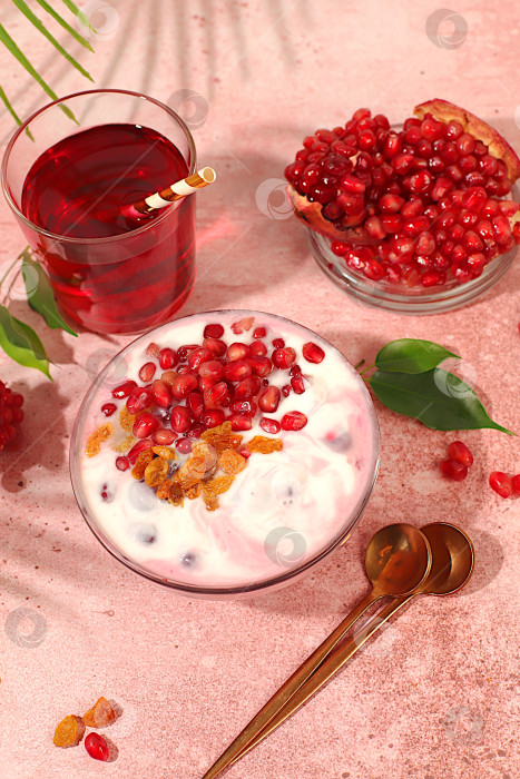 Скачать Чаша из гранатового йогурта с кусочками граната, изюмом, свежими сливками для здорового питания и натуральным соком. Полезный завтрак с ингредиентами, историей кухни, натуральным питанием и концепцией диеты. фотосток Ozero