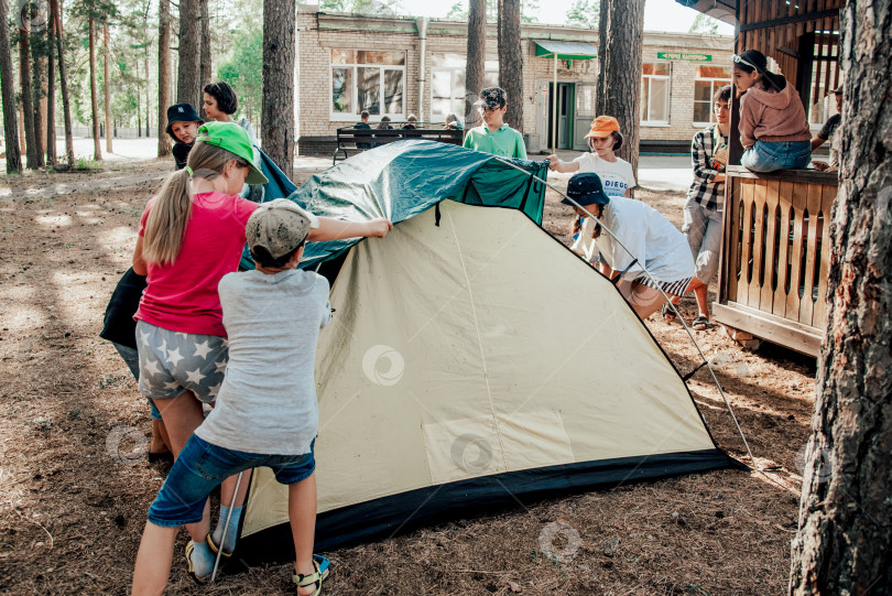 Скачать Карелия, Россия, 23 Мая 2020 года, Дети-Туристы Собирают Палатку В Лесу На Улице фотосток Ozero