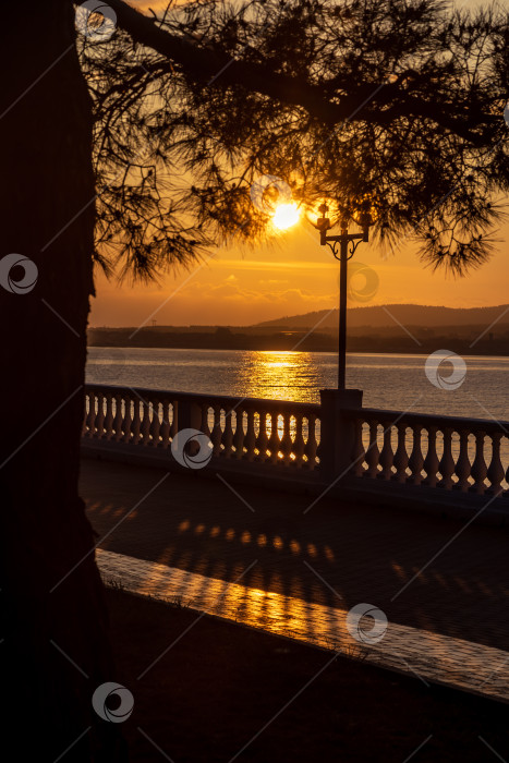 Скачать Курорт Геленджик. Набережная на закате. Балюстрада и набережная в косых лучах заходящего солнца. Кавказские горы на заднем плане. фотосток Ozero