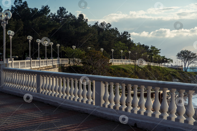 Скачать Город Геленджик. Курортная набережная с балюстрадой и фонарями. Пицундская сосна. На заднем плане Геленджикская бухта и Кавказские горы. фотосток Ozero