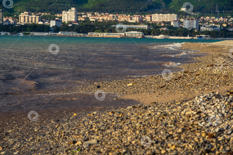 Скачать Пляж Геленджикского курорта на закате. На заднем плане город Геленджик и Кавказские горы в облаках. фотосток Ozero