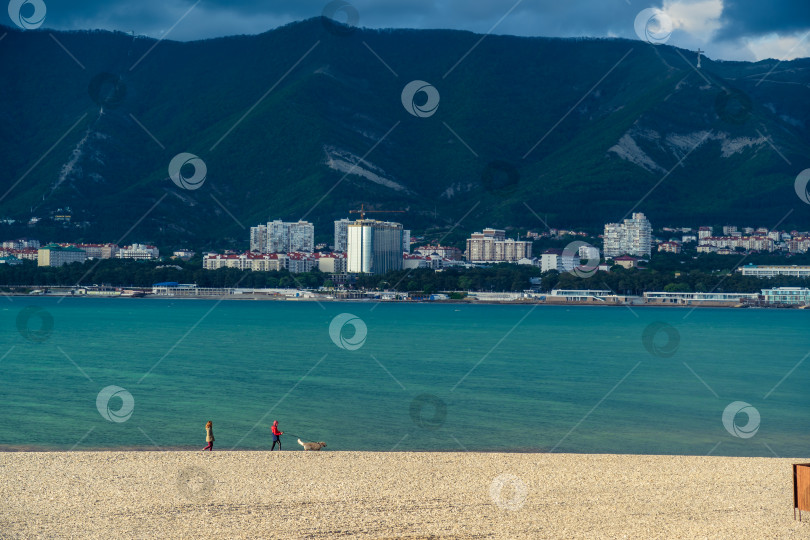 Скачать Курорт Геленджик. Закат. Мужчина и женщина с собакой прогуливаются по пляжу Геленджикской бухты на фоне Кавказских гор. фотосток Ozero