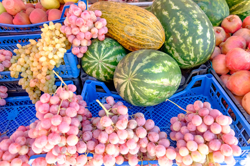 Скачать Синий ящик с гроздью винограда и арбузом фотосток Ozero