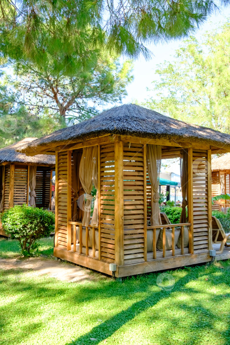 Скачать Деревянная хижина с соломенной крышей и зеленым занавесом фотосток Ozero