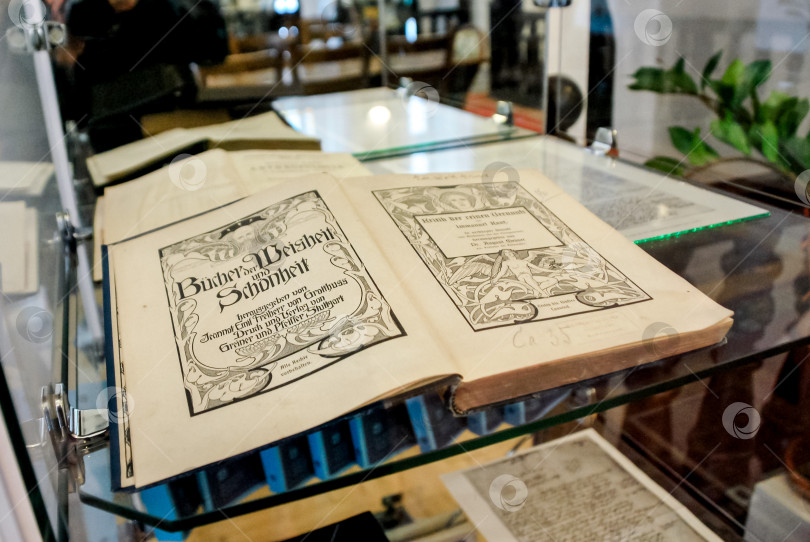 Скачать Старинные немецкие книги в стеклянной витрине на библиотечной выставке фотосток Ozero