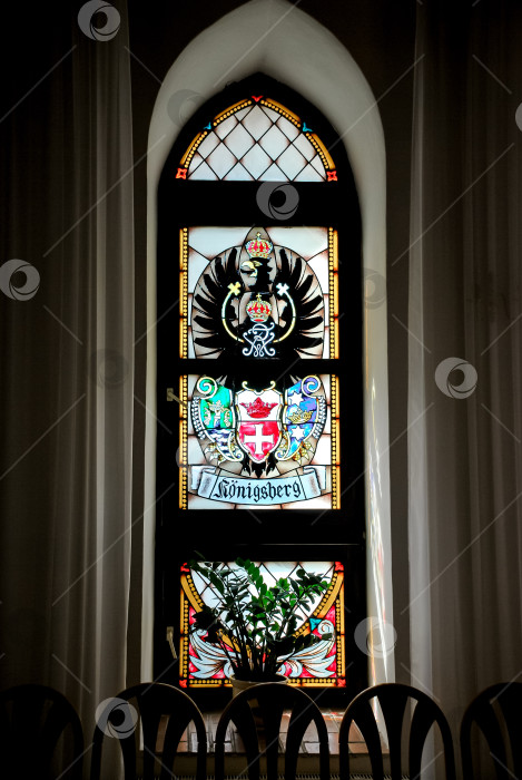 Скачать Исторический витраж с витиеватыми геральдическими узорами в Кенигсберге фотосток Ozero