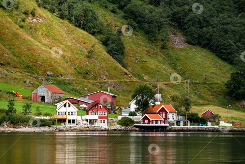 Скачать Живописная норвежская деревня на берегу фьорда с красочными домами и пышными зелеными холмами фотосток Ozero