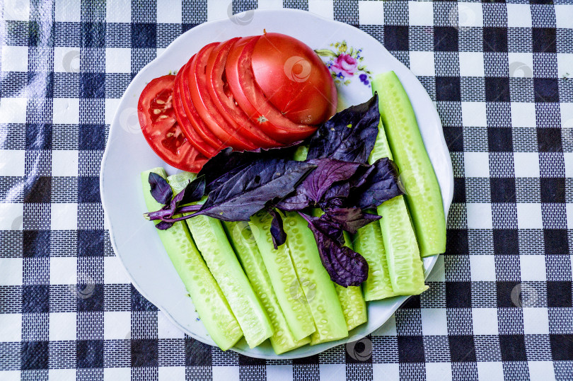 Скачать Салат на закуску из нарезанных овощей, помидоров, огурцов и базилика на белой тарелке фотосток Ozero