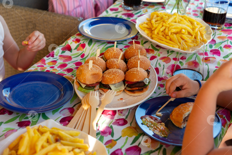 Скачать Семейное застолье на открытом воздухе с бургерами и картофелем фри фотосток Ozero