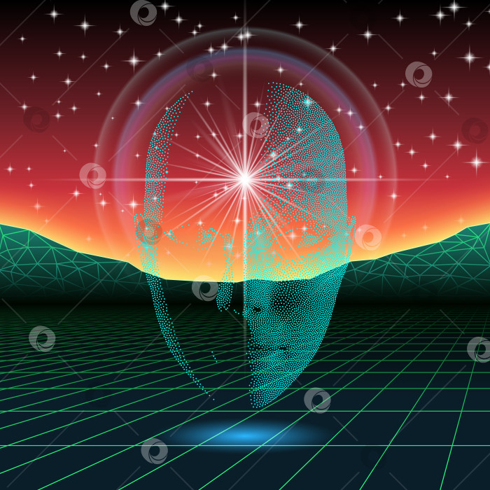 Скачать Силуэт блестящей головы в стиле ретро-волны на фоне неонового пейзажа фотосток Ozero