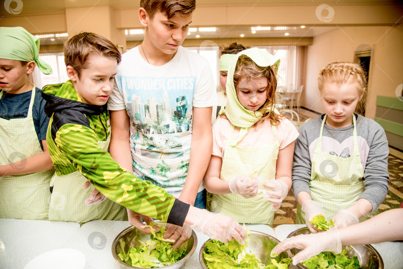 Скачать Красноярск, Россия, 23 апреля 2017 года, Дети готовят салат в ресторане "кухня" фотосток Ozero