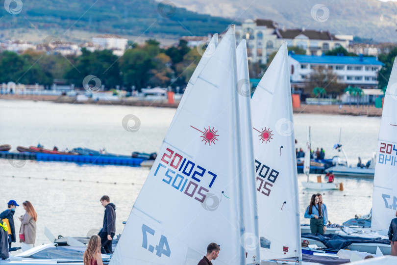 Скачать Геленджик, Россия - 3 ноября 2020 года. Курорт Геленджик. Группа парусных лодок пришвартована к пристани для яхт фотосток Ozero