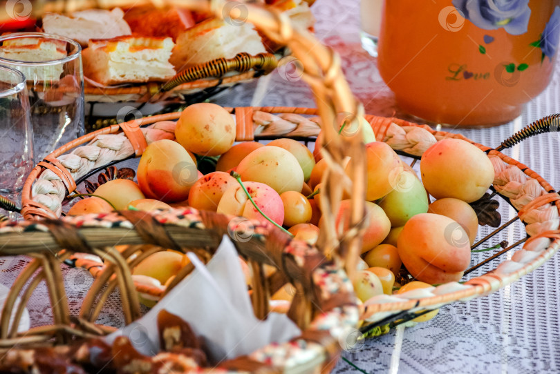 Скачать Свежесобранные абрикосы в плетеной корзине на открытом воздухе фотосток Ozero