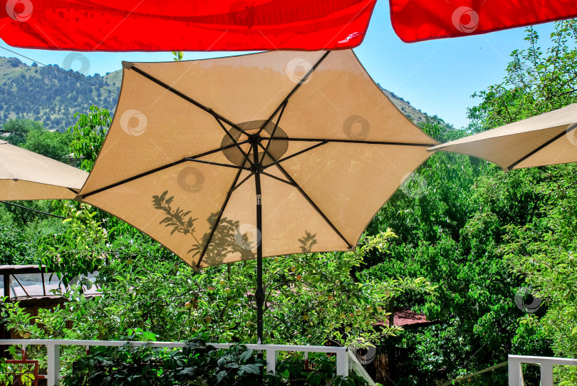 Скачать Открытый внутренний дворик с бежевым зонтом и красным навесом в окружении пышного зеленого сада фотосток Ozero