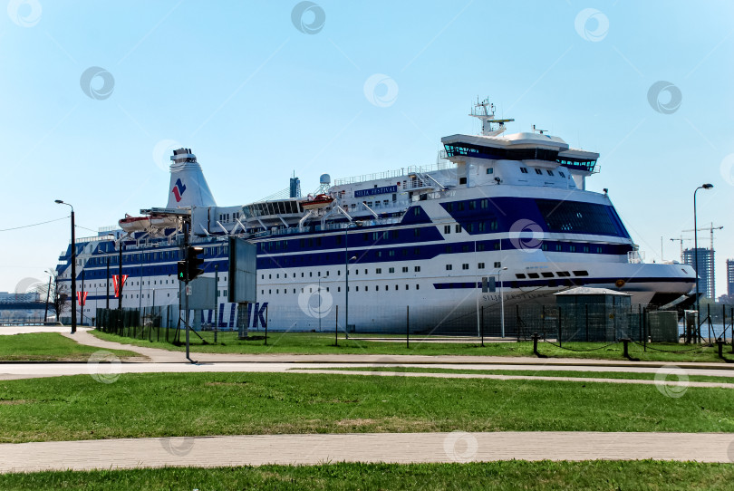 Скачать Большой бело-голубой круизный лайнер в ясный день пришвартовался к зеленой лужайке фотосток Ozero