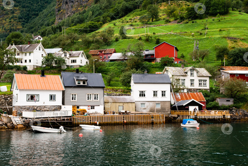 Скачать Живописная деревня у воды во фьорде с красочными домами на фоне зеленого ландшафта фотосток Ozero