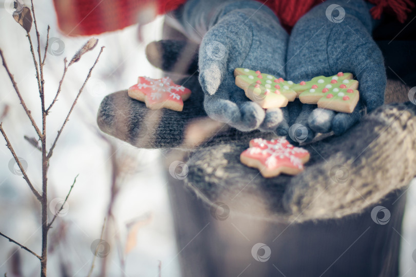 Скачать пара держит рождественские пряники в варежках фотосток Ozero
