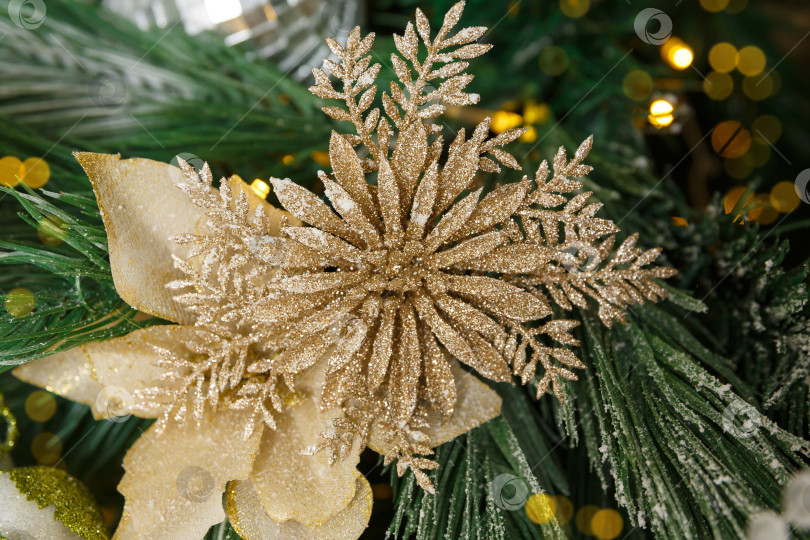 Скачать Рождественская открытка. Елочная игрушка на еловой ветке. Рождественское украшение в форме цветка. Ветка покрыта снежинками фотосток Ozero