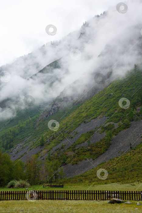 Скачать скала, окутанная туманом, покрытая зеленой травой фотосток Ozero