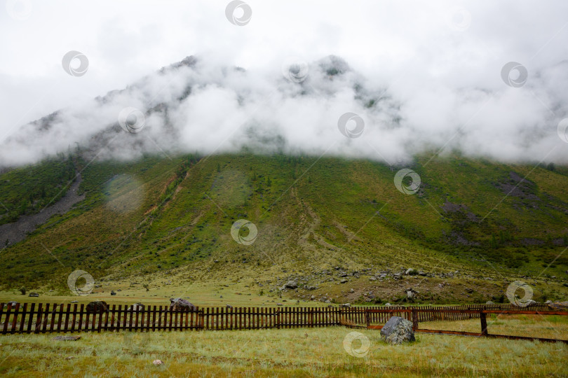 Скачать скала, окутанная туманом, покрытая зеленой травой фотосток Ozero