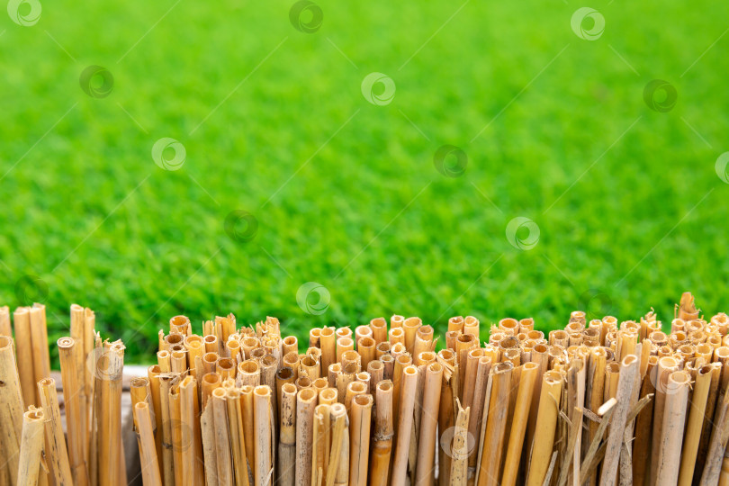 Скачать Забор из сухих бамбуковых стеблей на фоне зеленой искусственной газонной травы. шаблон для размещения товаров или текста фотосток Ozero