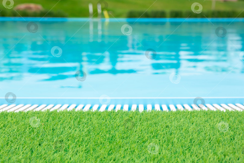 Скачать зеленая газонная трава на фоне бассейна с прозрачной голубой водой фотосток Ozero