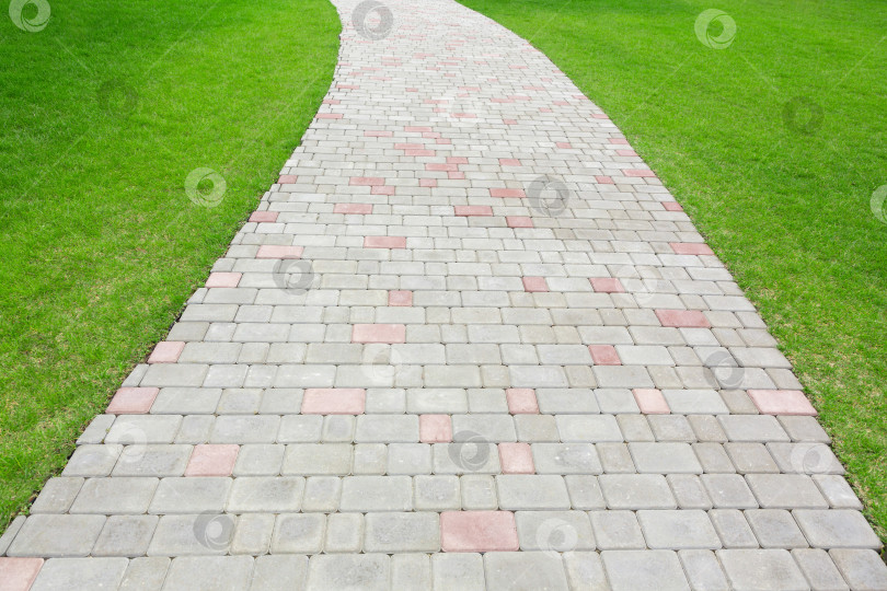 Скачать Дорога вымощена булыжником среди зеленой лужайки с травой. Аллея во дворе фотосток Ozero