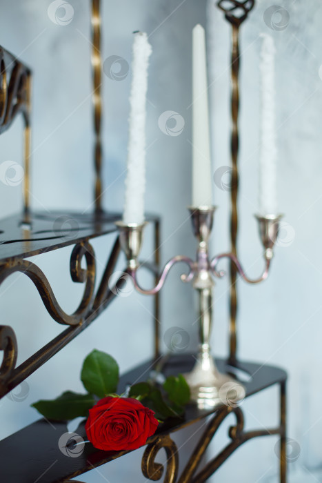 Скачать цветок красной розы и свечи на металлической лестнице фотосток Ozero