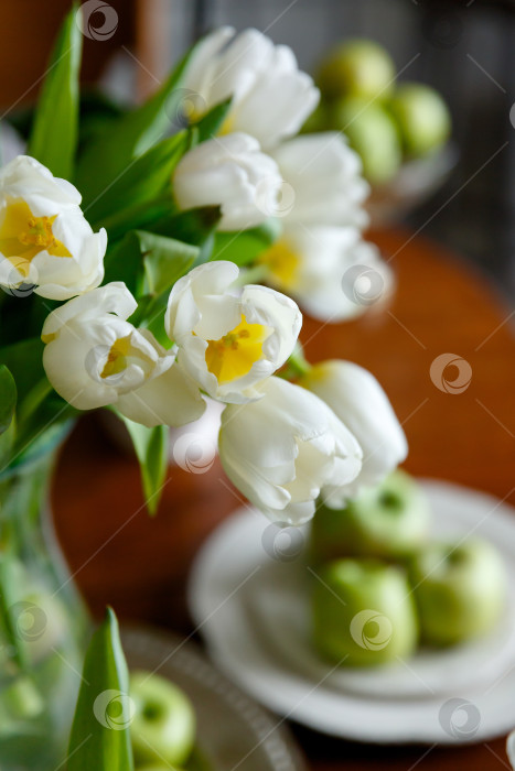 Скачать букет из белых тюльпанов на фоне зеленых яблок фотосток Ozero