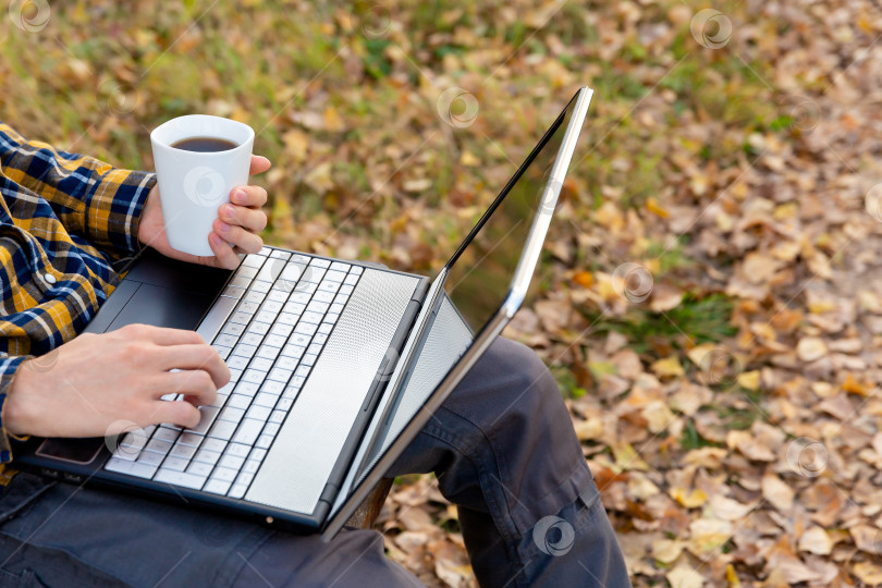Скачать мужчина сидит в парке и работает на ноутбуке. Руки печатают на клавиатуре и держат кружку с кофе фотосток Ozero