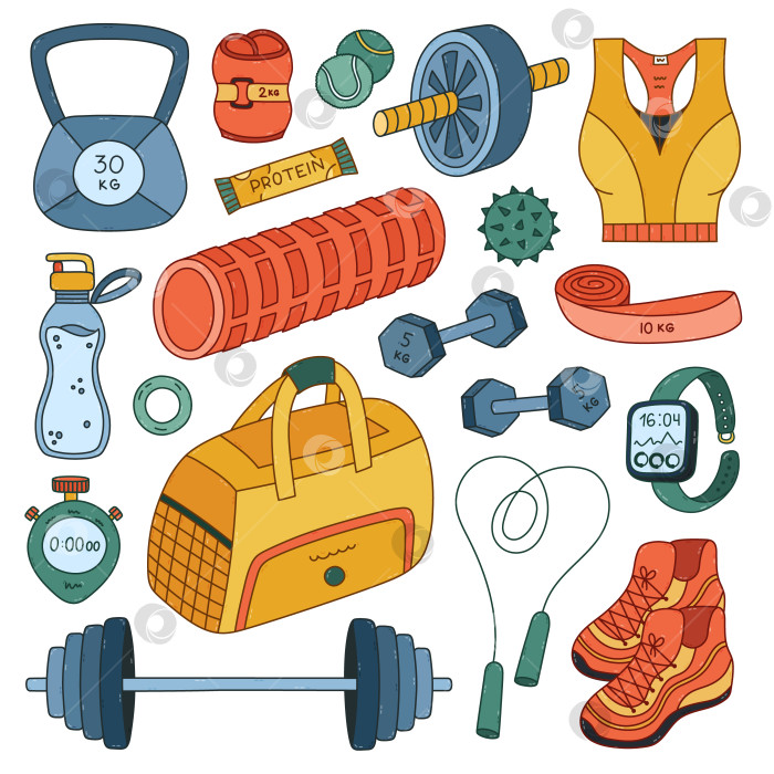 Скачать Большой красочный фитнес-набор doodle с инвентарем для пилатеса, пауэрлифтинга, воркаута. Прекрасная спортивная коллекция, нарисованная вручную, с тяжелыми гантелями, штангой, прессом и поролоновым роликом, кроссовки белого цвета. фотосток Ozero