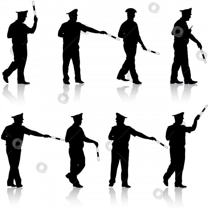 Скачать Установите черные силуэты полицейского с жезлом на белом фоне. Векторная иллюстрация. фотосток Ozero