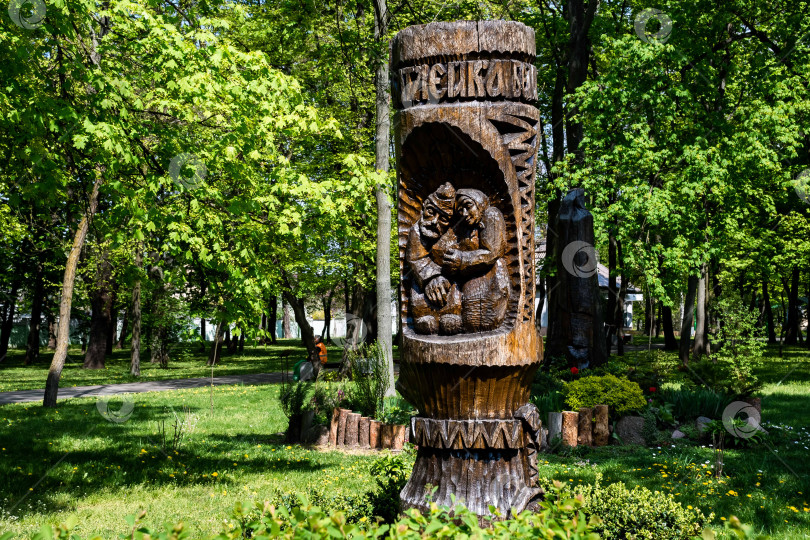 Скачать Замысловатая деревянная скульптура в пышном парке, окруженном яркой зеленью фотосток Ozero